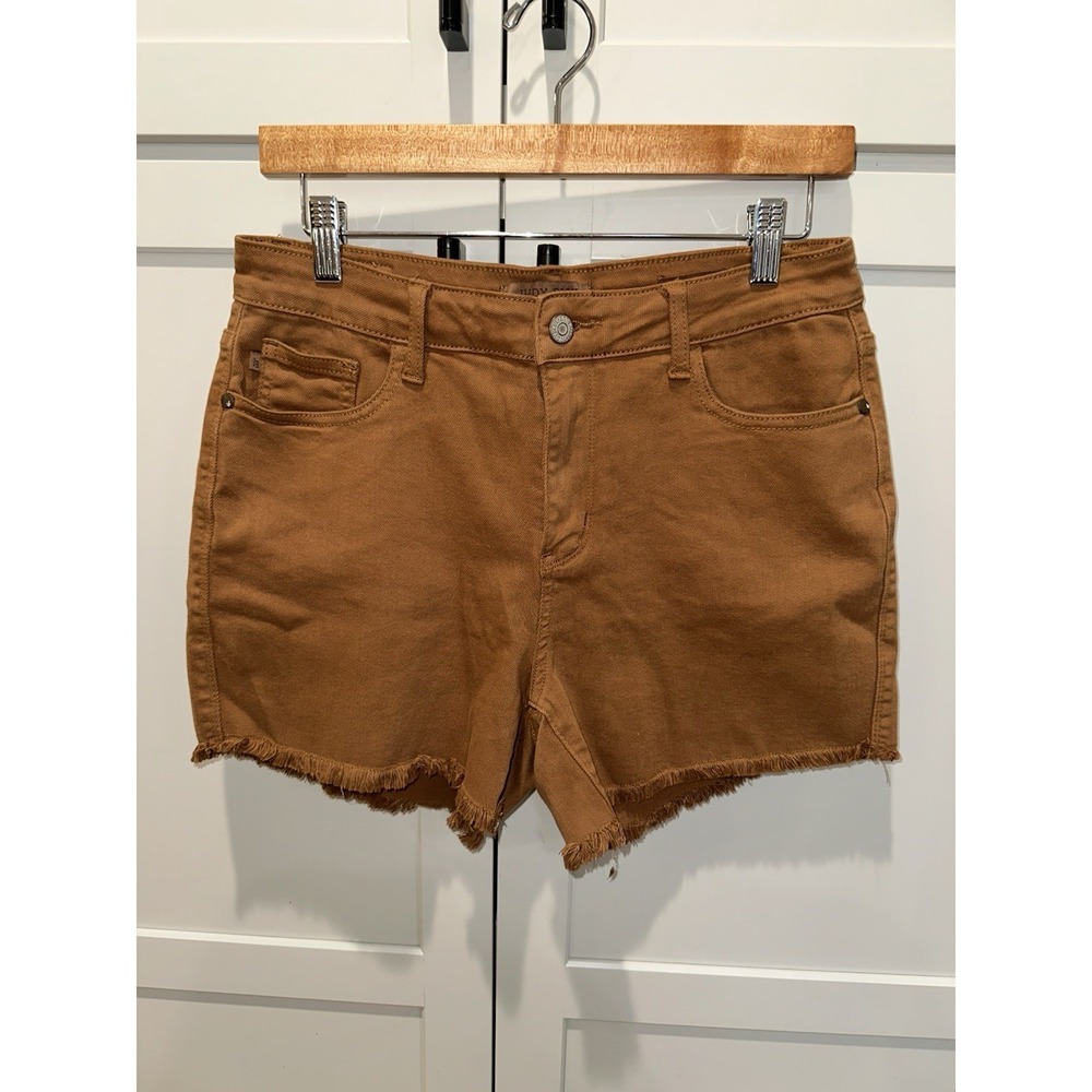 Judy Blue Size Large Shorts Brown Denim Garment Dyed Frayed Hem Mid Rise